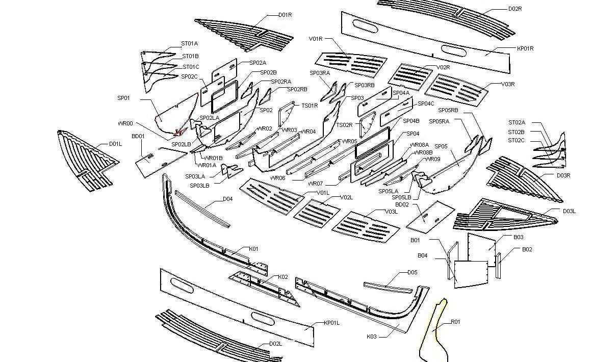 Technische exploded view van het bouwpakket Lobster 12,5 met alle genummerde CNC-gefreesde onderdelen
