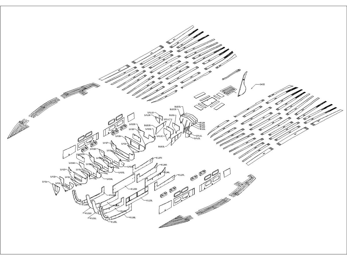 Technische exploded view van het bouwpakket Lobster 21,5 met alle CNC-gefreesde onderdelen