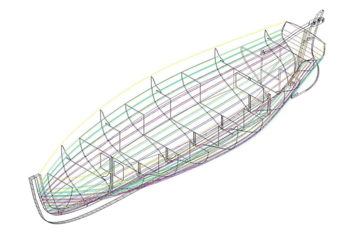 Digitaal draadmodel van de complete Lobster 21,5-constructie met alle spanten, huidgangen en interieurdelen